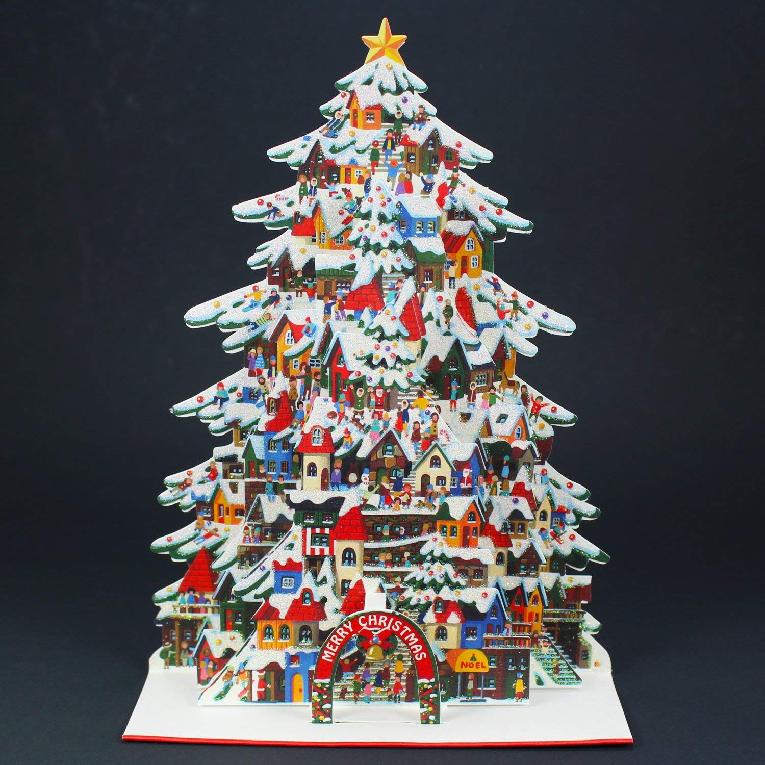 Shimmering Christmas Tree Village Pop Up Decorative Greeting Card / Christmas Card 